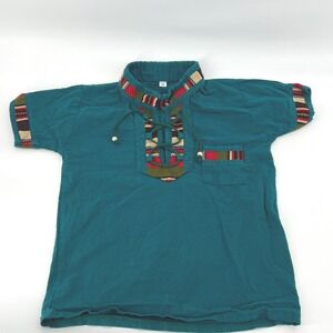 Vintage Kids Teal Traditional Ethnic  Guatemalan Hispanic Embroidered Shirt  10